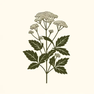 A simple illustration of Boneset (Eupatorium perfoliatum) featuring its tall stems with opposite, perfoliate leaves and clusters of white flowers
