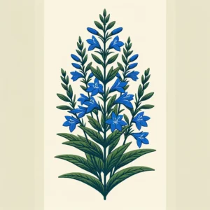 A simple illustration of Great Blue Lobelia (Lobelia siphilitica) featuring tall spikes of vibrant blue, tubular flowers and broad, lance-shaped leaves
