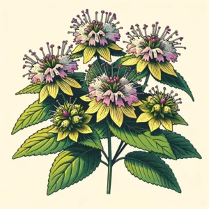 A simple illustration of Spotted Bee Balm (Monarda punctata) featuring clusters of pale yellow to pink flowers with purple spots