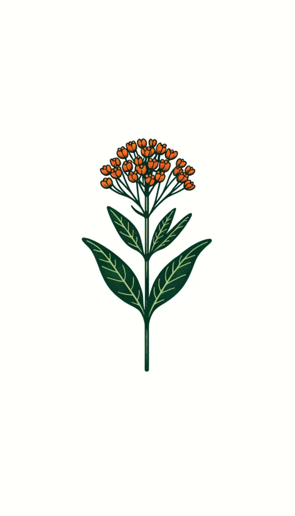 An illustration of Butterfly Milkweed (Asclepias tuberosa). The plant should have slender, green stems with narrow, lance-shaped leaves