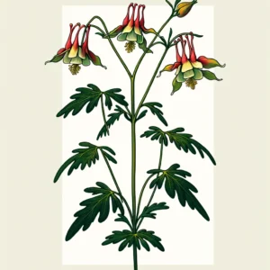 An illustration of Columbine (Aquilegia canadensis). The plant should have slender, green stems with delicate, lobed leaves
