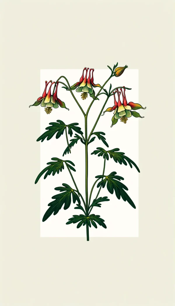 An illustration of Columbine (Aquilegia canadensis). The plant should have slender, green stems with delicate, lobed leaves
