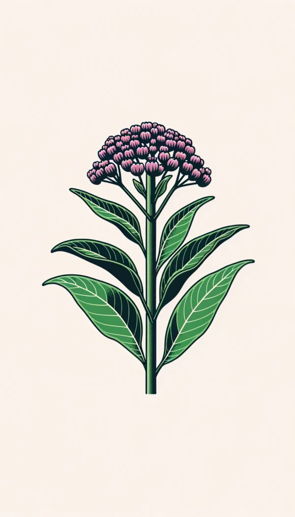 An illustration of Common Milkweed (Asclepias syriaca). The plant should have tall, sturdy green stems with broad, oval leaves