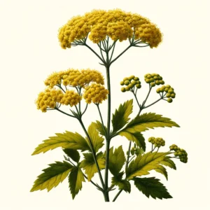 An illustration of Golden Alexanders (Zizia aurea) featuring clusters of small yellow flowers atop slender green stems with compound leaves