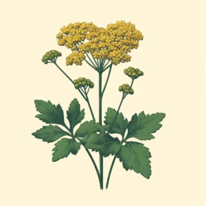 An illustration of Heart-leaf Golden Alexanders (Zizia aptera) featuring clusters of small yellow flowers atop slender green stems