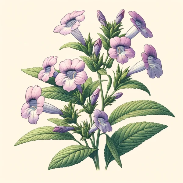 An illustration of Monkey Flower (Mimulus ringens) featuring delicate, tubular lavender flowers with five petals and lance-shaped green leaves