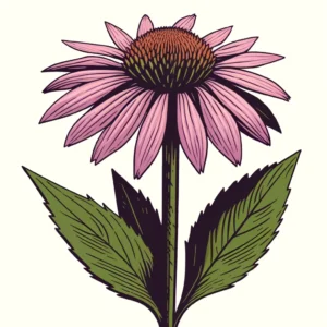 An illustration of Purple Coneflower (Echinacea purpurea). The plant should have a sturdy, green stem with elongated, lance-shaped leaves