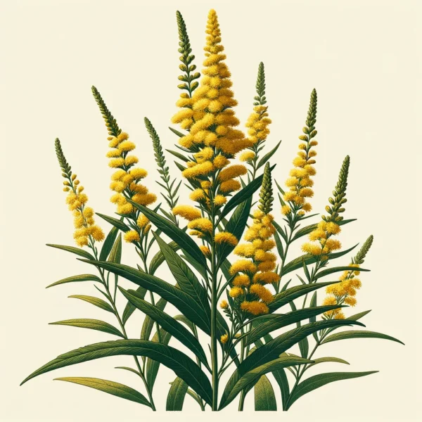 An illustration of Showy Goldenrod (Solidago speciosa) featuring tall spikes of bright yellow flower clusters and narrow green leaves