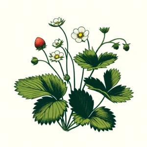 An illustration of Wild Strawberry (Fragaria virginiana). The plant should have low, spreading green stems with trifoliate leaves