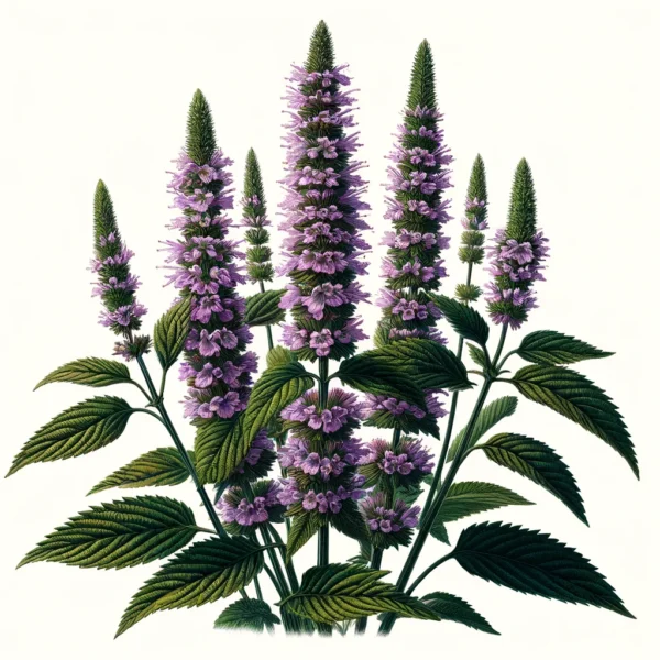 A botanical illustration of Anise Hyssop (Agastache foeniculum). The plant has tall spikes of lavender to purple flowers